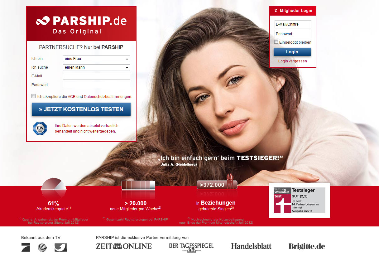 Gestaltung & Aussehen der Webseite von Parship 2012.